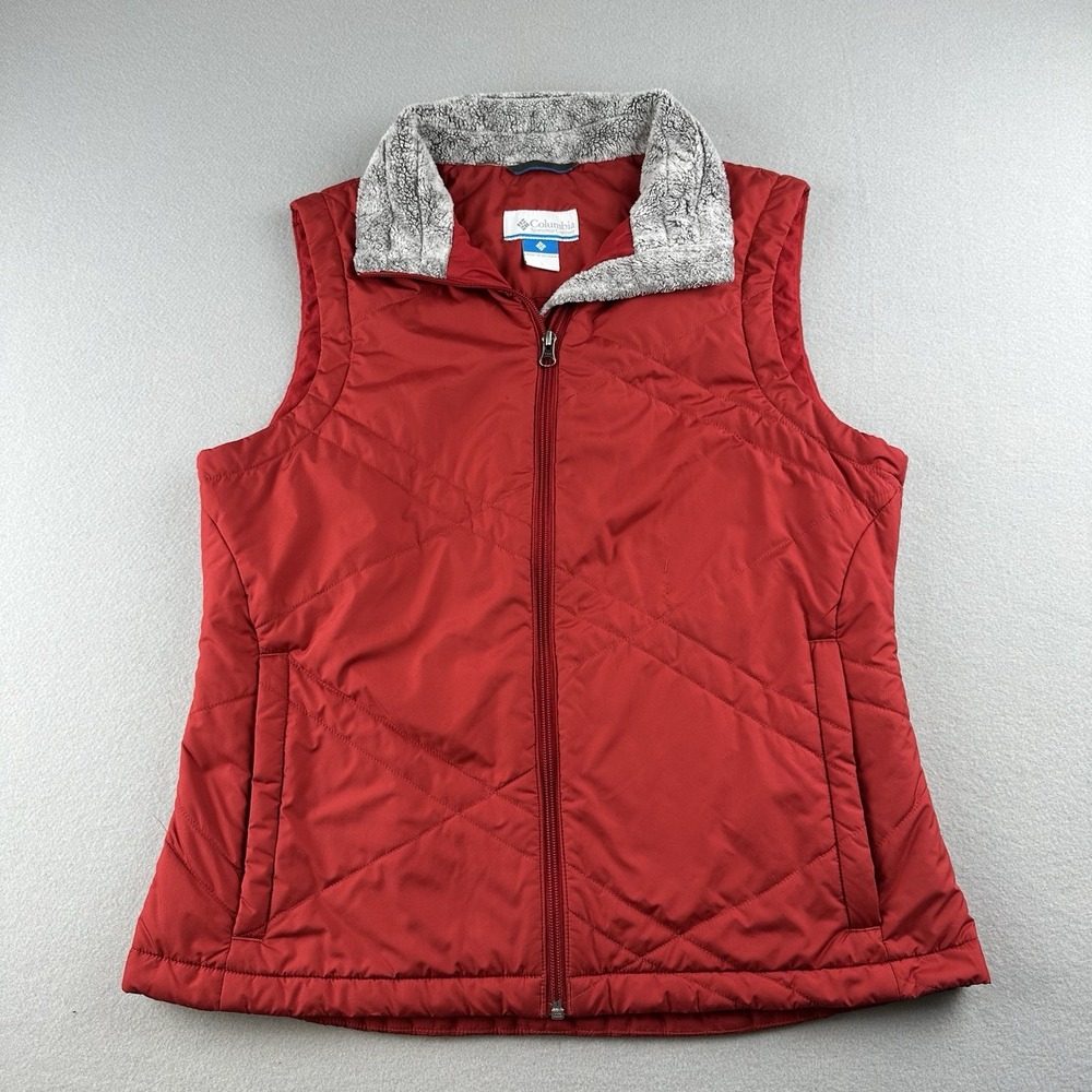 Columbia Puffer Vest Women Large Red Quilted Fleece Collar Full‎ Zip Outdoor